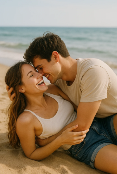 ビーチの砂浜でイチャイチャする若いカップル